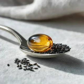 einzelne Schwarzkümmelöl-Kapsel liegt auf einem stilisierten Löffel, daneben ein paar lose Schwarzkümmelsamen auf hellem Untergrund