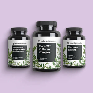 Drei Nahrungsergänzungsflaschen des Belly Balance Bundle mit der Aufschrift „NATURAL ELEMENTS“ in den Geschmacksrichtungen Mariendistel, Flora-21 Kulturen Komplex und Curcuma-Extrakt auf violettem Hintergrund.
