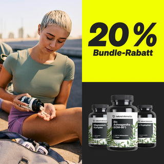 Eine Frau nimmt im Freien Nahrungsergänzungsmittel ein. Der Text lautet „20 % Bundle-Rabatt“. Darunter sind drei Flaschen mit Nahrungsergänzungsmitteln aus natürlichen Elementen auf schwarzem Hintergrund zu sehen.