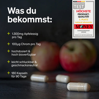 Drei Supplement-Kapseln mit Äpfeln, Fokus auf natürliche Inhaltsstoffe wie Apfelextrakt und Chrom.