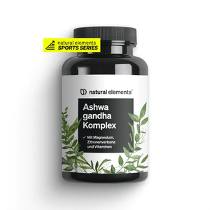 Entdecken Sie „Ashwagandha Komplex Kapseln“ von NATURAL ELEMENTS – die ideale Post-Workout-Begleitung. Die Verpackung zeigt grüne Blätter und hebt wirksame Inhaltsstoffe wie Magnesium, Eisenkraut und wichtige Vitamine für eine effektive Regeneration hervor.