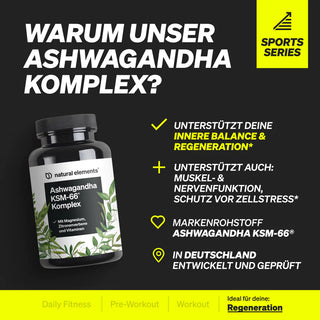 Abgebildet ist eine Flasche Ashwagandha KSM-66 Komplex mit einer Auflistung der Vorteile für Gleichgewicht, Regeneration, Muskel- und Nervenfunktion und mehr. Das Produkt wird in Deutschland entwickelt und getestet.