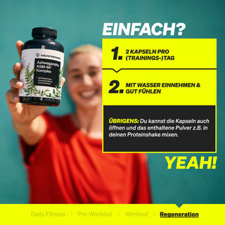 Person hält eine Flasche Ashwagandha-Kapseln; Nutzungshinweise und Vorteile stehen in gelb hervorgehoben auf Blau.