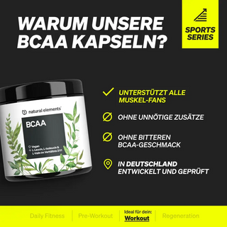 Auf der Abbildung ist ein Behälter mit BCAA-Kapseln zu sehen, in dem der Text Vorteile wie Muskelunterstützung, keine unnötigen Zusatzstoffe, kein bitterer Geschmack und Entwicklung in Deutschland hervorhebt.