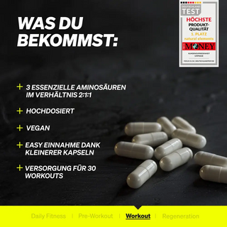 Auf einer dunklen Oberfläche ist eine Gruppe weißer Kapseln abgebildet, zusammen mit einem Text, der die Eigenschaften eines Nahrungsergänzungsmittels hervorhebt, darunter hohe Dosierung, vegan und 30 Trainingsportionen.