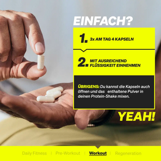 Eine Person hält weiße Kapseln zwischen den Fingern. Der Text gibt Hinweise zur Einnahme: 3-mal täglich 4 Kapseln mit ausreichend Flüssigkeit; Pulver kann in einen Proteinshake gemischt werden.
