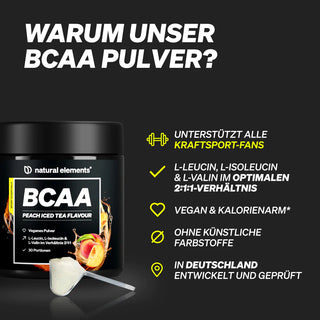 BCAA-Pfirsich-Eisteepulver mit Schaufel, Hervorhebung vegan, kalorienarm, ohne künstliche Farbstoffe; entwickelt für Kraftsportler.