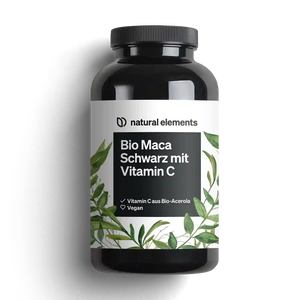 Die schwarze Flasche mit der Aufschrift „NATURAL ELEMENTS Bio Maca Schwarz Kapseln“ ist am Boden mit grünen Blattmotiven versehen. Dieses vegane Produkt enthält Vitamin C aus Bio-Acerola und nutzt die adaptogenen Vorteile der Maca-Pflanze, wodurch Bio-Qualität gewährleistet wird.