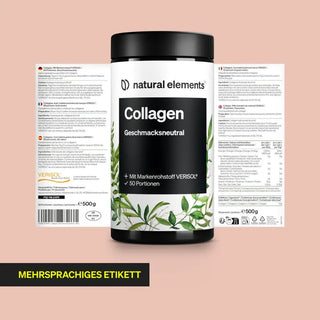Collagen Pulver mit Orangen-Geschmack, 500g (50 Portionen), mehrsprachiges Etikett mit Zutaten und Nährwertangaben, Muskelunterstützung.