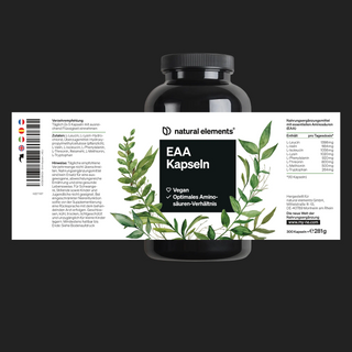 Eine schwarze Flasche mit der Aufschrift „EAA Kapseln“ von Natural Elements mit einem weißen Etikett mit grünen Blättern und Nährwertangaben in deutscher Sprache.