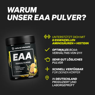 Natural elements EAA-Pulver mit tropischem Geschmack mit 8 essentiellen Aminosäuren, 2:1:1 BCAA-Verhältnis, leichte Löslichkeit und schnelle Aufnahme.