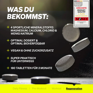 Vier Nahrungsergänzungsmittel-Tabletten sind schwebend dargestellt; im Text werden Vorteile wie Mineralien, optimale Dosierung, vegan, tragbar, zuckerfrei und 180 Tabletten für drei Monate aufgeführt.