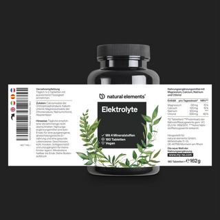 Eine schwarze Flasche mit der Aufschrift „Elektrolyte“ von Natural Elements, mit grünen Blättern und Nährwert- und Zutateninformationen in deutscher Sprache auf weißem Hintergrund.