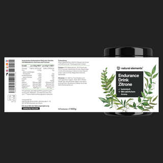 Produktetikett für "Endurance Drink Zitrone" von natural elements mit Nährwertangaben, Zubereitungshinweisen und botanischen Illustrationen auf weißem Hintergrund.