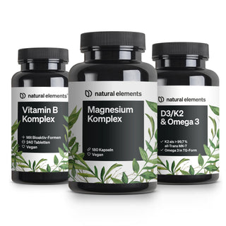 Essentials Bundle von natural elements: Vitamin B Komplex, Magnesium Komplex und D3/K2 & Omega 3