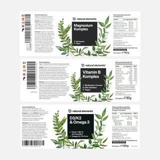 Drei Ergänzungsetiketten von "natural elements" für Magnesium Complex, Vitamin B Complex und D3/K2 & Omega 3, jeweils mit Inhaltsstofflisten, Nährwertangaben und Abbildungen von grünen Blättern.