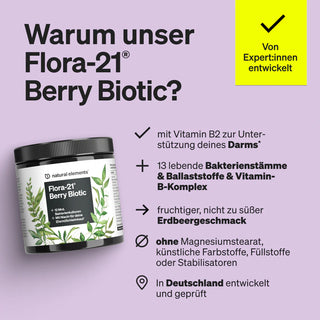 Eine Dose des Nahrungsergänzungsmittels Flora-21 Berry Biotic wird mit einem Text gezeigt, der die Vorteile, die wichtigsten Inhaltsstoffe, den Beerengeschmack und Einzelheiten über die Entwicklung in Deutschland beschreibt.