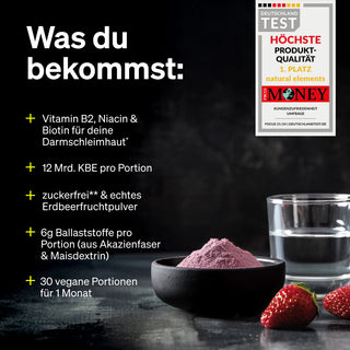 Eine Schale mit rosafarbenem Pulver, ein Glas Wasser und ein Löffel auf einer dunklen Fläche; deutscher Text mit Angaben zum Nährwert und zur Auszeichnung der Produktqualität.