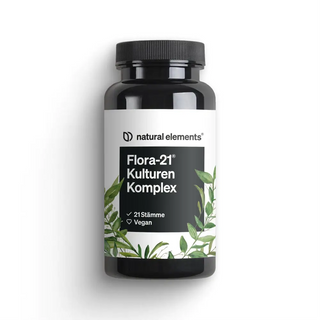 Eine schwarze Flasche mit der Aufschrift "natural elements Flora-21 Kulturen Komplex" mit Pflanzengrafiken, 21 Sorten und veganen Symbolen.