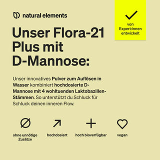 Produktwerbung für Flora-21 Plus mit D-Mannose, die seine Vorteile hervorhebt: lösliches Pulver, hochdosierte D-Mannose, 4 Lactobacillus-Stämme, keine Zusatzstoffe, hohe Bioverfügbarkeit und vegan.