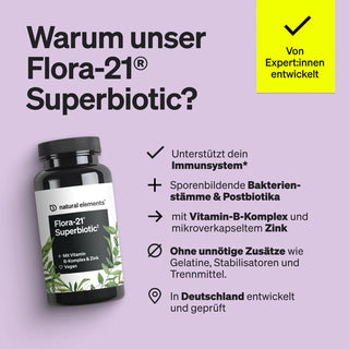 Eine Flasche Flora-21 Superbiotic-Nahrungsergänzungsmittel ist auf violettem Hintergrund mit einer Liste der Vorteile und einem gelben Etikett mit der Aufschrift „Von Expertinnen entwickelt“ abgebildet.