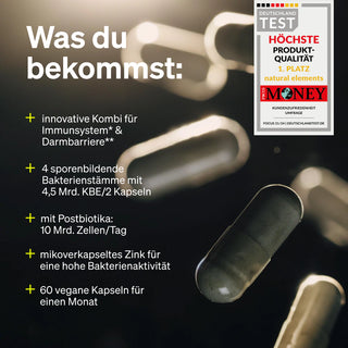 Eine deutsche Produktinformationsgrafik listet die Vorteile eines Nahrungsergänzungsmittels auf, darunter die Unterstützung von Immunität und Darm, mehrere Bakterienstämme, Postbiotika, mikroverkapseltes Zink und 60 vegane Kapseln.