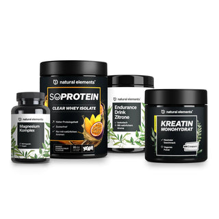 Das Hyrox Performance-Bundle von natural elements, bestehend aus Magnesium-Komplex, SO Protein Whey Isolate, Endurance Drink Zitrone und Kreatin-Monohydrat, wird hier gemeinsam abgebildet.
