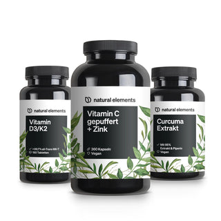 Immun feel good Bundle von natural elements: Vitamin D3/K2, Vitamin C mit Zink und Curcuma-Extrakt.