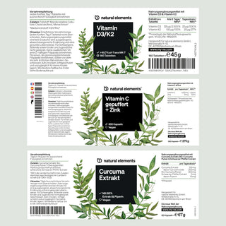Beipackzettel für Vitamin D3/K2, gepuffertes Vitamin C mit Zink und Kurkumaextrakt mit grünem Blattdesign und deutschen Angaben.