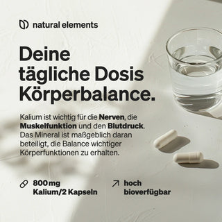 Der deutsche Text stellt die Vorteile der Kaliumergänzung, die hohe Bioverfügbarkeit und die von natürlichen Elementen inspirierten Inhaltsstoffe vor.