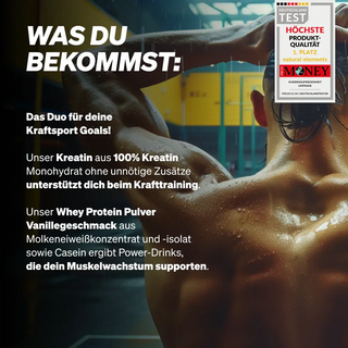 Rückansicht eines muskulösen Mannes beim Fitness, darüber Text zu den Vorteilen von Kreatin und Whey Protein Pulver für Kraftsport und Muskelwachstum.