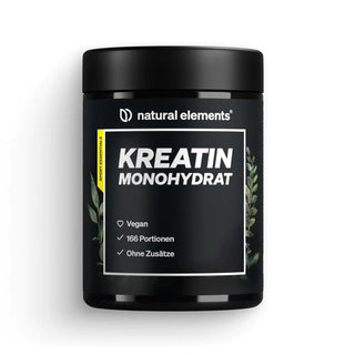 Der Produkttext zum „Kreatin-Monohydrat-Pulver“ von NATURAL ELEMENTS weist darauf hin, dass es vegan ist, 166 Portionen enthält, keine Zusatzstoffe enthält und mit reinem Kreatin die Trainingsziele unterstützt.