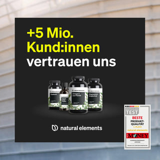 +5 Mio. Kund:innen vertrauen uns" steht über dem natural elements Logo; ein Qualitätsabzeichen ist unten rechts zu sehen.