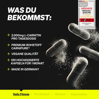 Schwarze Kapseln auf schwarzem Hintergrund mit Text zur Auflistung der Produkteigenschaften: 2.000 mg L-Carnitin pro Tag, Premium-Zutat, vegan, 120 Kapseln pro Monat, hergestellt in Deutschland und Qualitätsabzeichen.