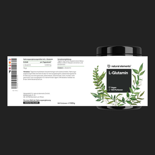 L-Glutamin-Ergänzungsbehälter mit weißem Etikett, grünem Blätterdesign und Produktdetails einschließlich Dosierung, Verwendung und veganer Zertifizierung aus natürlichen Elementen.