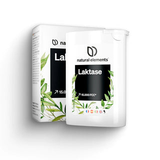 Schachtel mit NATURAL ELEMENTS Laktase Tabletten zur Nahrungsergänzung, beschriftet mit 15.000 FCC-Einheiten und verziert mit grünen Blättern.