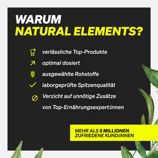 Grafik mit einer Auflistung von Gründen, die für Natural Elements sprechen: Qualität, optimale Dosierung, ausgewählte Inhaltsstoffe, laborgeprüfte Standards, keine unnötigen Zusatzstoffe und Expertenempfehlungen.