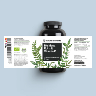 Eine dunkle Flasche mit weißem Etikett mit der Aufschrift „Bio Maca Rot mit Vitamin C“ von Natural Elements, verziert mit grünen Blättern und Nährwertangaben in deutscher Sprache.