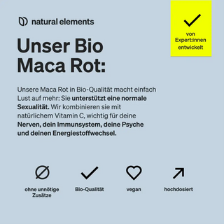 Werbegrafik für Natural Elements Bio Maca Rot, die die Vorteile für Nerven, Immunsystem, Psyche und Energie hervorhebt; gekennzeichnet als vegan, hochdosiert, in Bio-Qualität und ohne Zusatzstoffe.