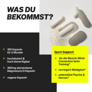 Drei weiße Kapseln mit Pulver daneben, begleitet von einem deutschen Text, der Produkteigenschaften wie Dosierung, vegane Formel und Vorteile wie Sportunterstützung und verringerte Müdigkeit auflistet.