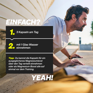 Ein Mann in Sportkleidung macht Liegestütze im Freien; eingeblendeter Text gibt Hinweise zur Einnahme von Magnesiumkapseln und einen Tipp zum Zeitpunkt der Anwendung.