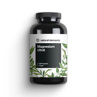 Ein schwarzes Fläschchen mit der Aufschrift "Magnesium citrat" von natural elements, mit einem Blattmuster, das auf 365 vegane Kapseln hinweist.