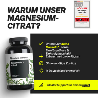Eine Flasche Natural Elements Magnesiumcitrat-Kapseln ist neben einem deutschen Text abgebildet, der Vorteile wie Muskelunterstützung, keine unnötigen Zusatzstoffe und Entwicklung in Deutschland hervorhebt.