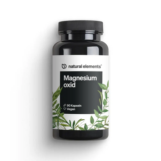 Eine schwarze Flasche mit der Aufschrift "Magnesium oxid" von natural elements, die 90 vegane Kapseln enthält, mit einer grünen Blattgrafik auf dem Etikett.