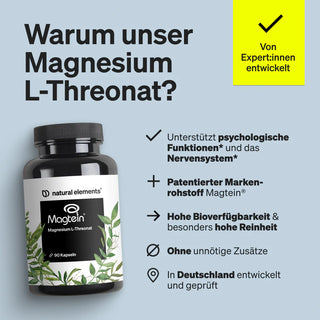Eine Flasche Magtein Magnesium L-Threonat Kapseln zeigt seine Vorteile: Bioverfügbarkeit, psychologische Unterstützung, Reinheit und natürliche Kraft.