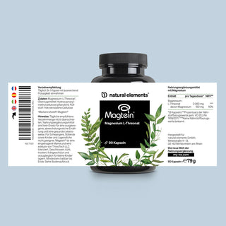 Produktinformationen auf Deutsch und ein grünes Blatt-Design auf dem Etikett von Magtein Magnesium L-Threonate, 90 Kapseln.