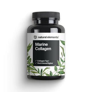 Etikett von NATURAL ELEMENTS: Marine Collagen Kapseln, grüne Blätter, deutsch: Kollagen Typ I, hohe Bioverfügbarkeit.
