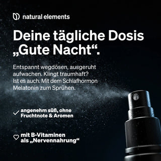 Der deutsche Text wirbt für ein Melatonin-Schlafspray mit Fruchtaromen, B-Vitaminen und natürlichen Elementen für erholsamen Schlaf.