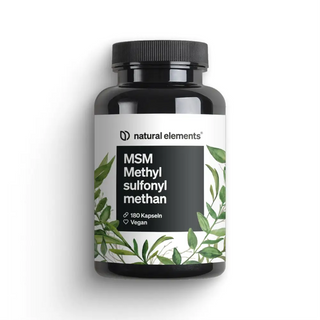 Eine schwarze Flasche mit der Aufschrift "MSM Methylsulfonylmethan" von Natural Elements, die 180 vegane Kapseln enthält, mit einem botanischen Muster auf dem Etikett.