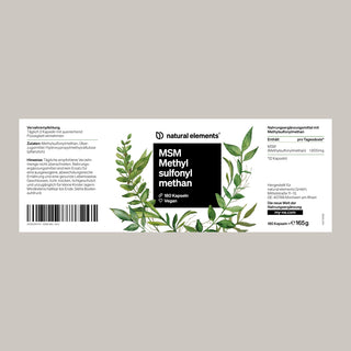 Produktetikett für MSM Methylsulfonylmethan von natural elements mit grünen botanischen Illustrationen und Infos auf Deutsch.